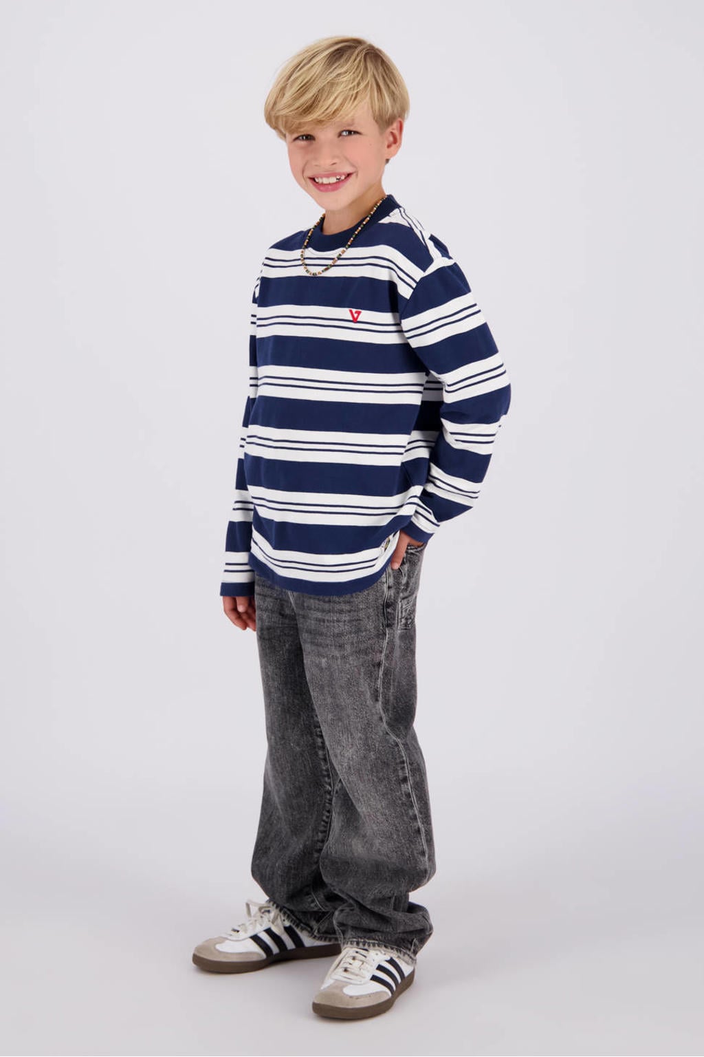 Grijze jongens Vingino Keaton baggy jeans van denim met regular waist, ritssluiting en effen