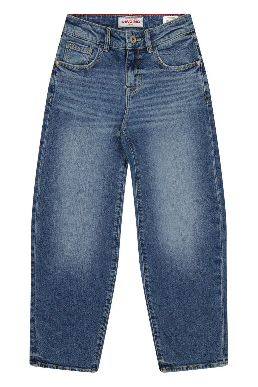 Medium blue denim jongens Vingino Keaton baggy jeans Mid Blue Wash van denim met regular waist, ritssluiting en effen