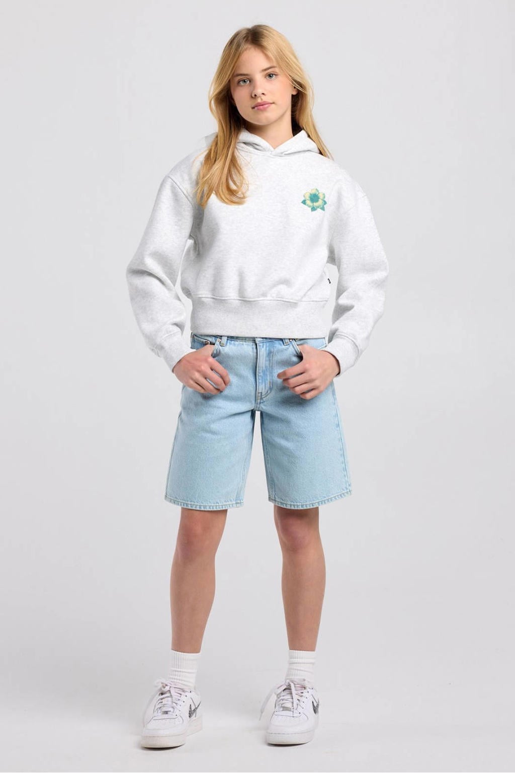 Grijs melange meisjes America Today gemêleerde hoodie van sweat materiaal met backprint, lange mouwen en capuchon