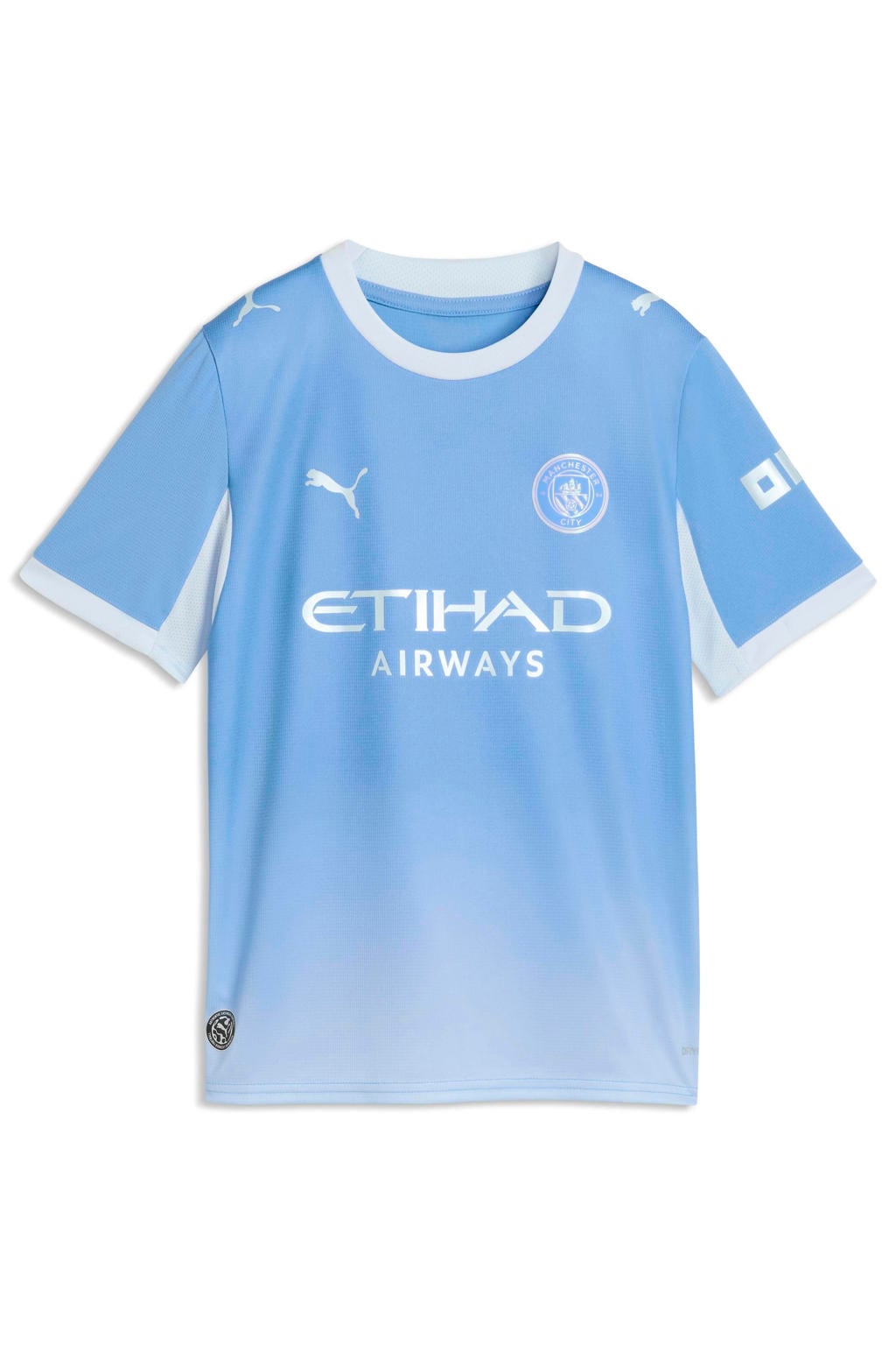 Lichtblauw en witte jongens en meisjes Puma junior manchester city voetbalshirt thuis van polyester met korte mouwen en ronde hals
