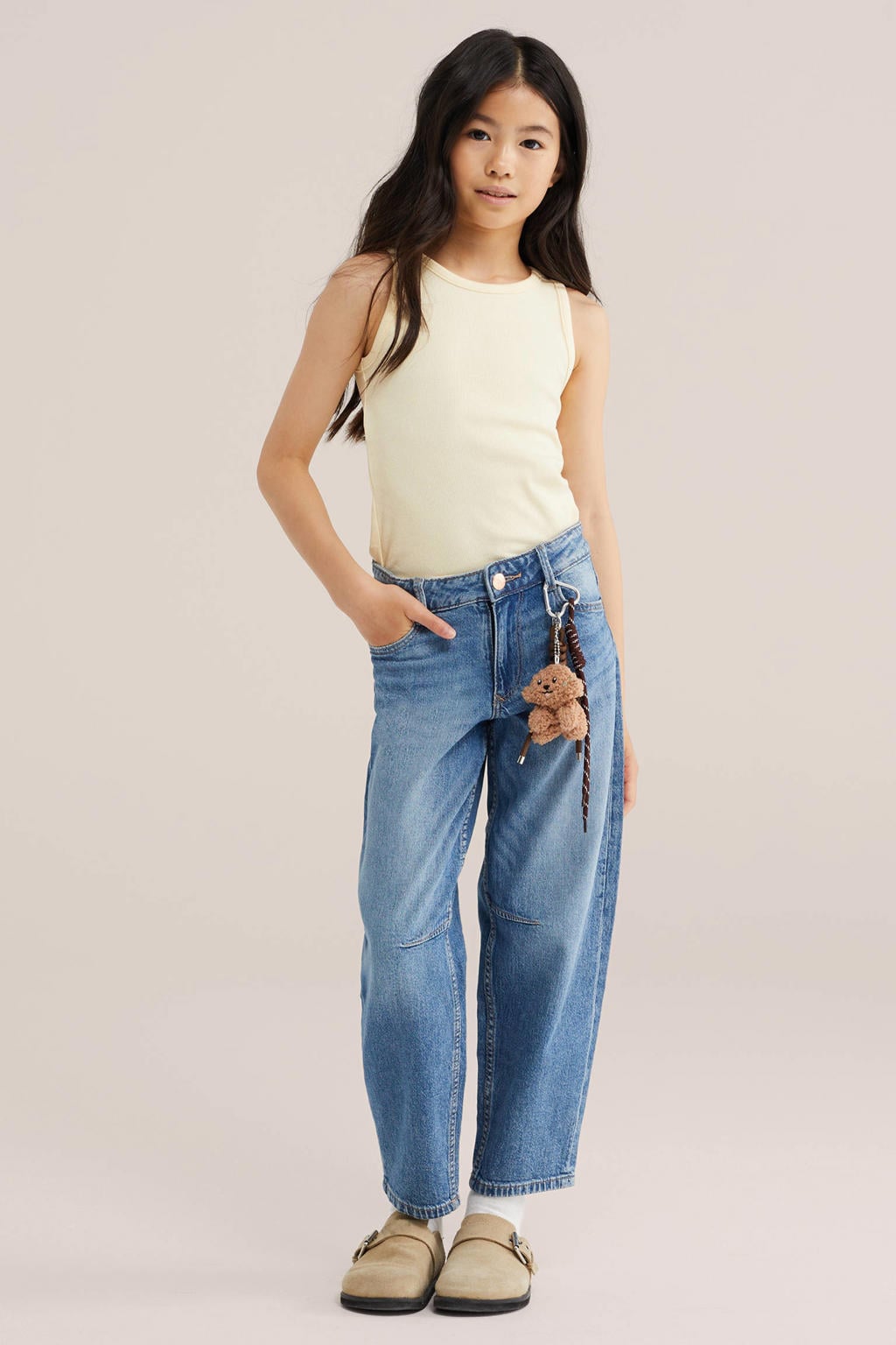 Lichtgele meisjes WE Fashion top zonder mouwen met effen en rib gebreide details