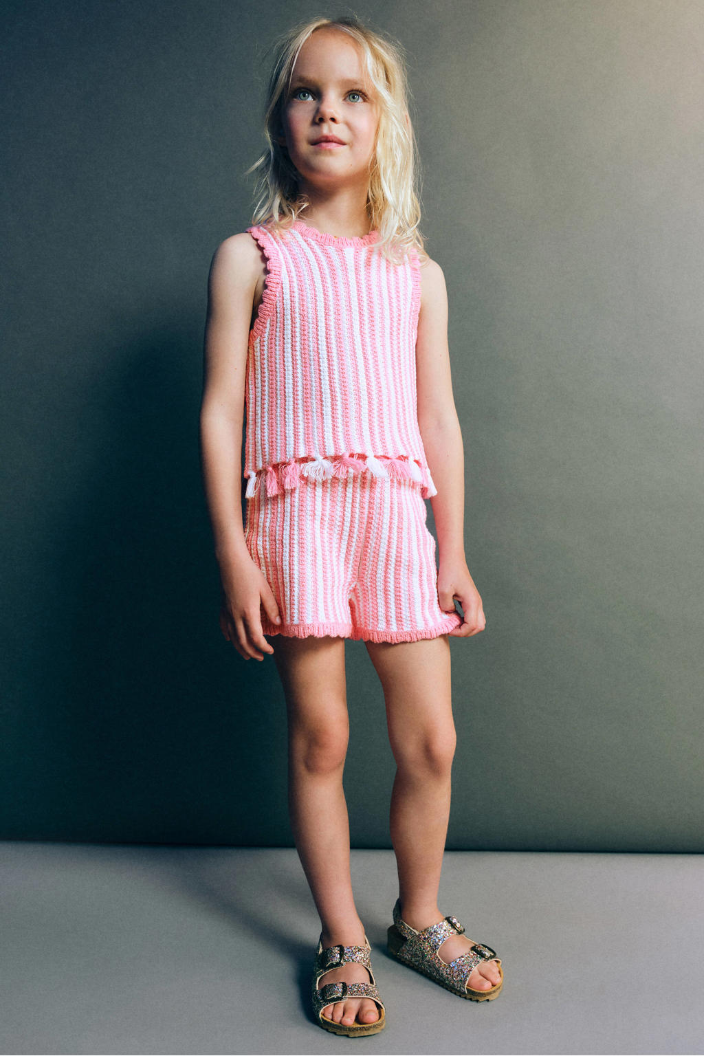 Mango Kids casual gestreepte gebreide short - roze