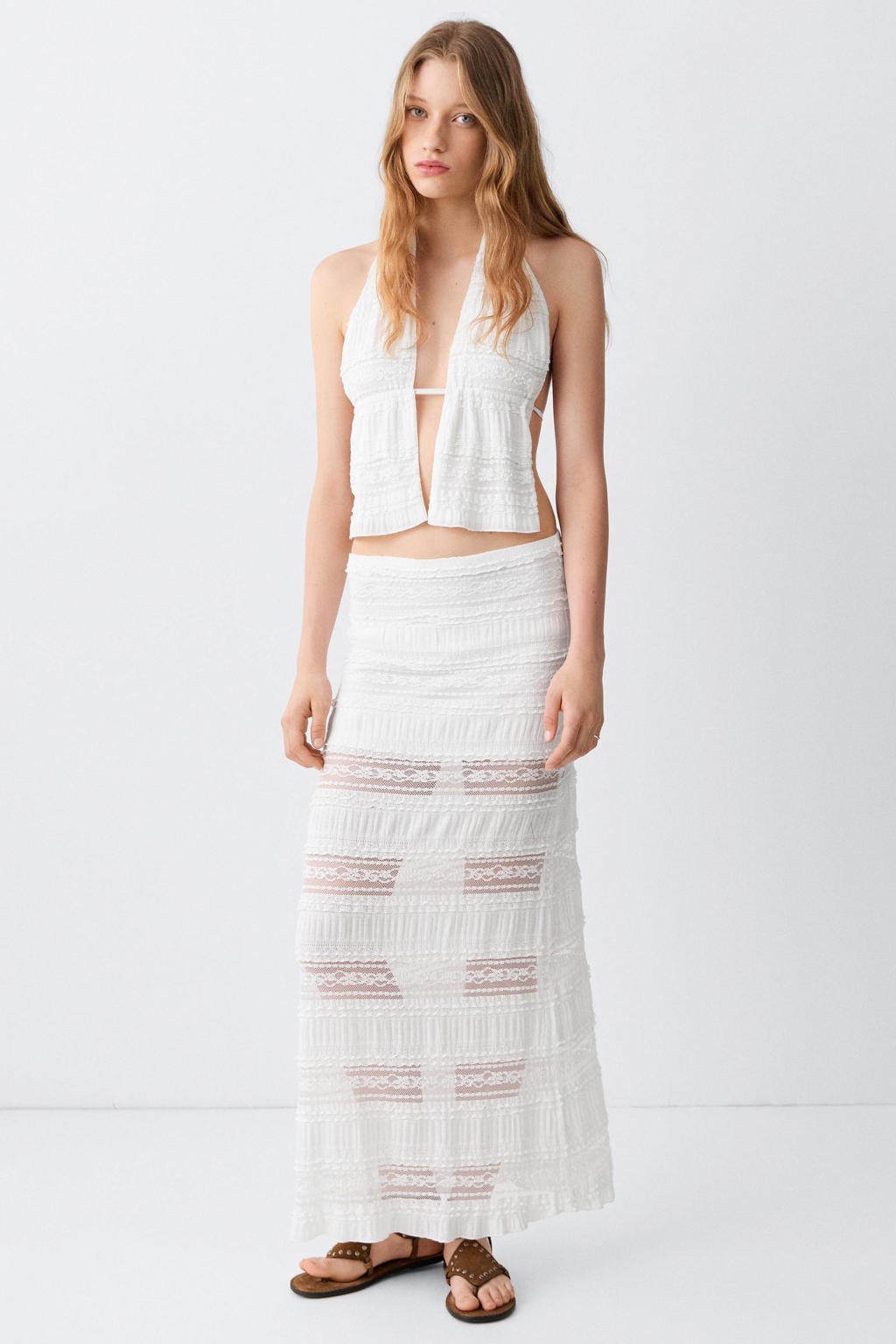 Witte meisjes MANGO TEEN maxi rok gemaakt van polyamide en met elastische tailleband