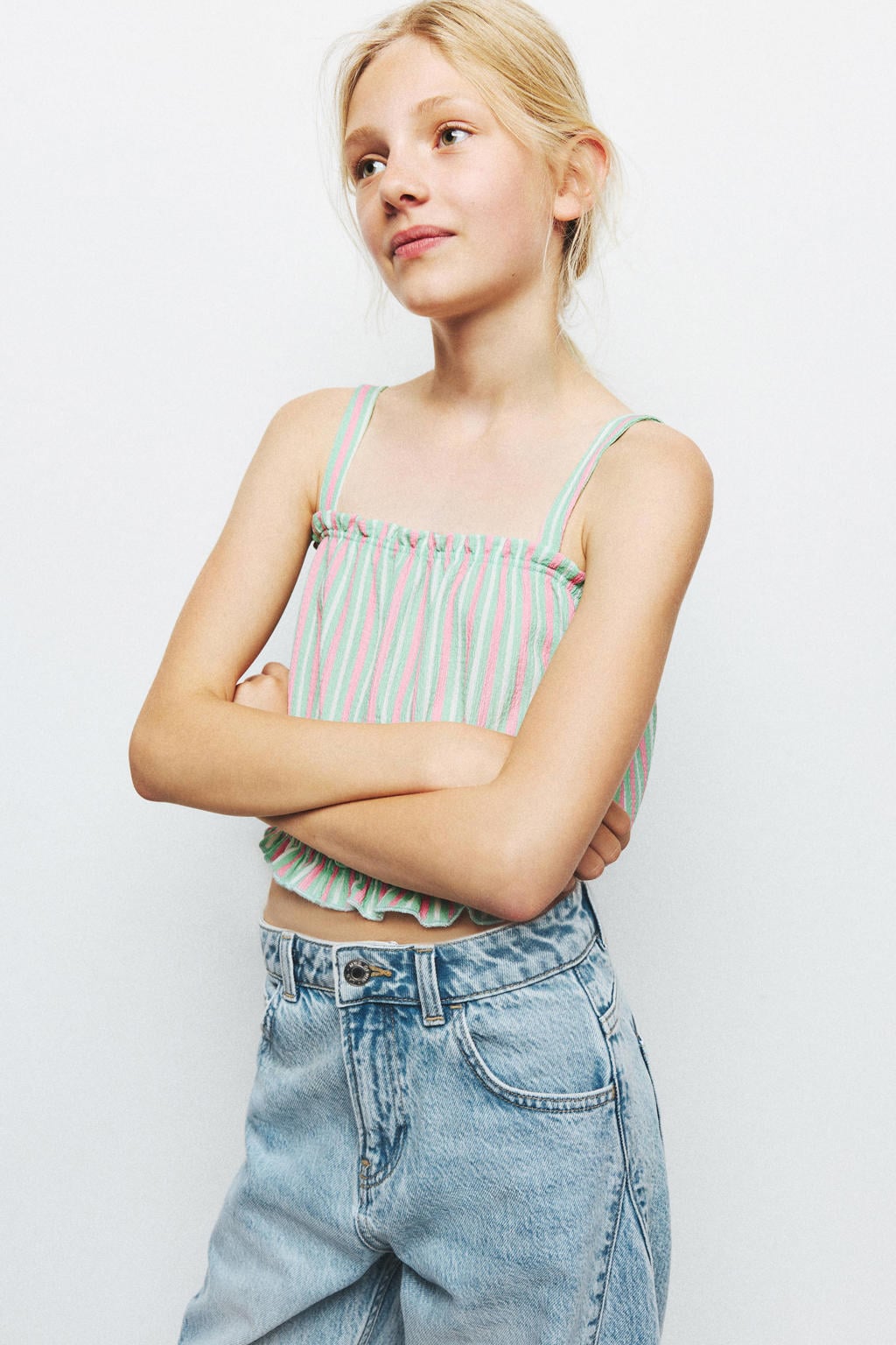 Mintgroen en roze meisjes Mango Kids cropped gestreepte mouwloze top van polyester met vierkante hals en ruches