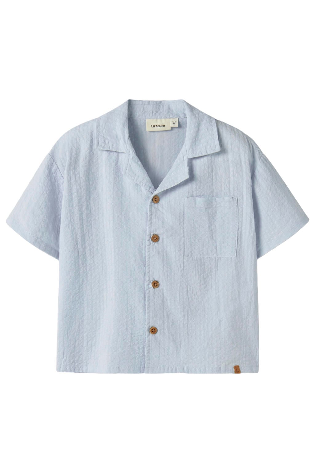 Lichtblauwe jongens LIL' ATELIER MINI loose fit overhemd van katoen met effen, korte mouwen, widespread hals en textuur
