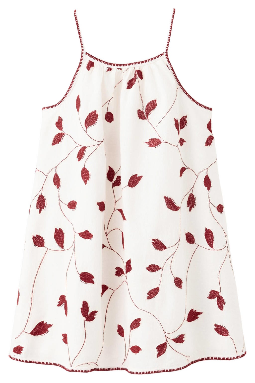 Ecru en rode meisjes Mango Kids zomerjurk van katoen met vierkante hals en contrast stiksels