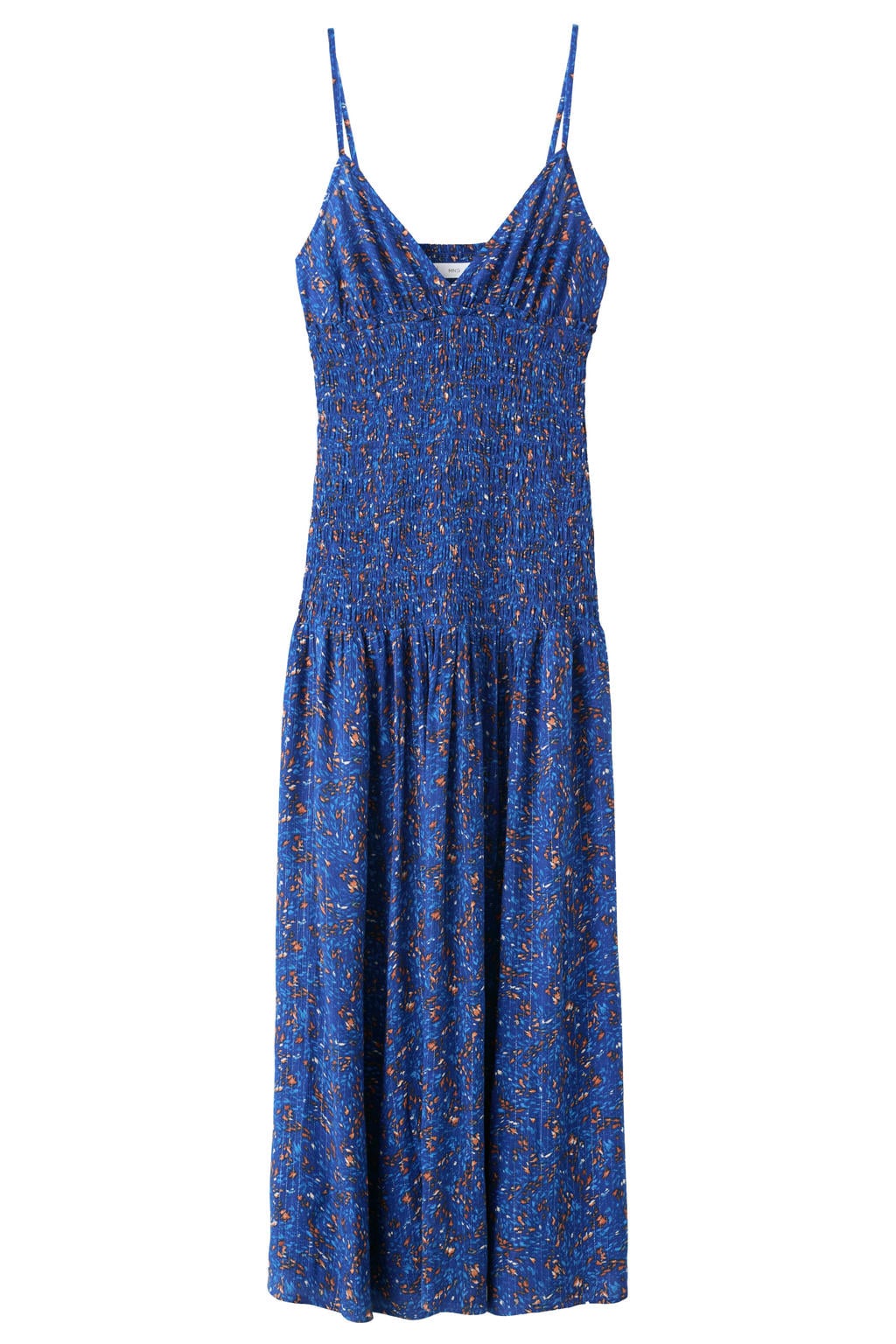 Marineblauw meisjes MANGO TEEN maxi jurk met smockwerk blauw van viscose met V-hals
