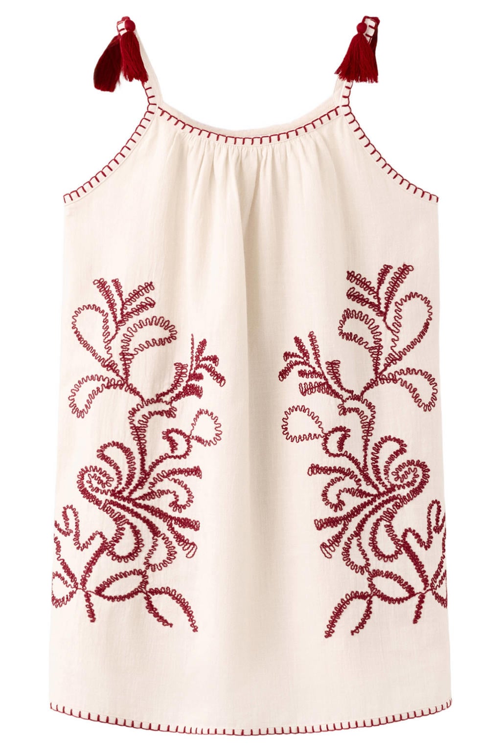 Ecru meisjes Mango Kids zomerjurk van katoen met effen, ronde hals en borduursels