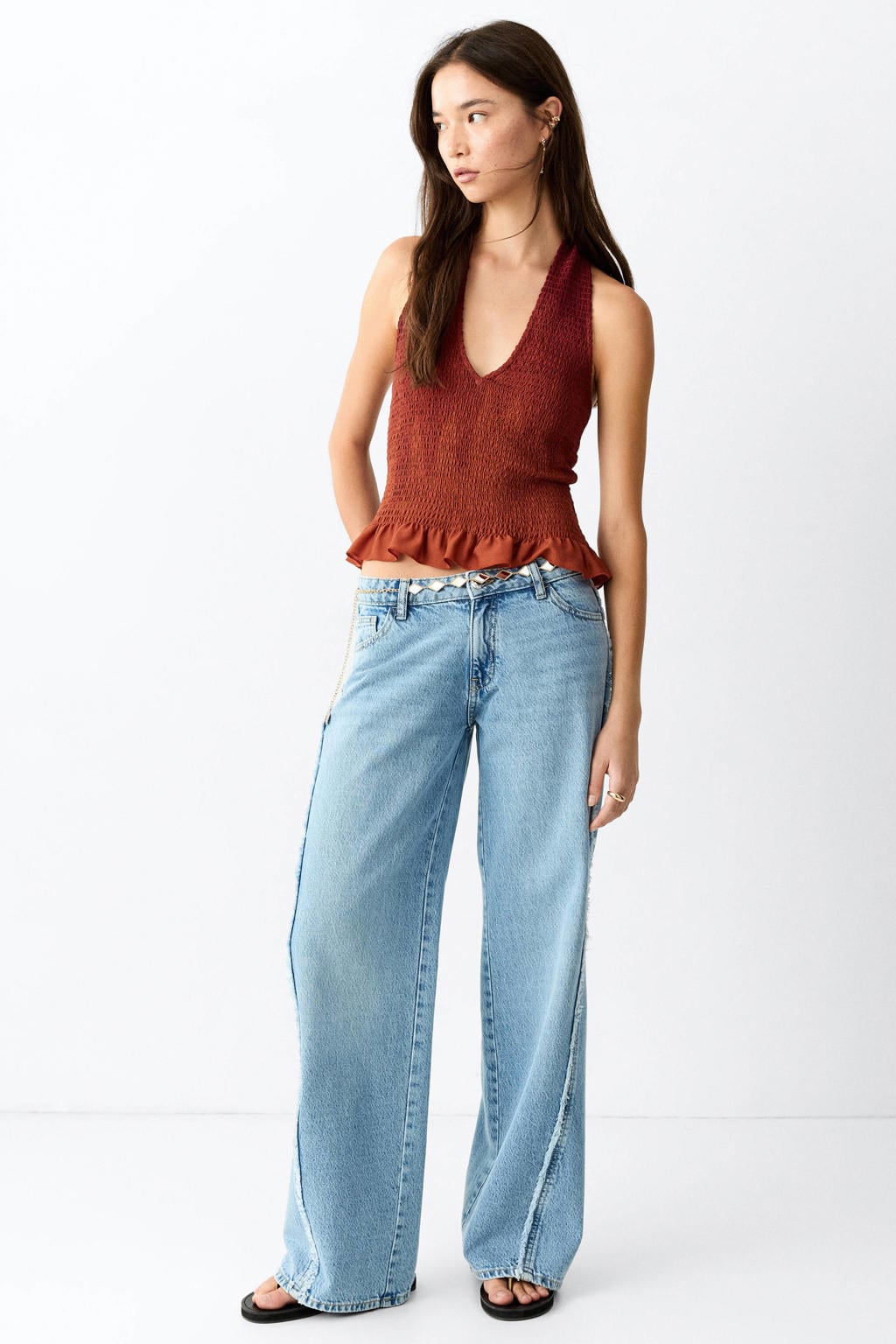 Brique meisjes MANGO TEEN haltertop bruin van viscose met effen en smockwerk