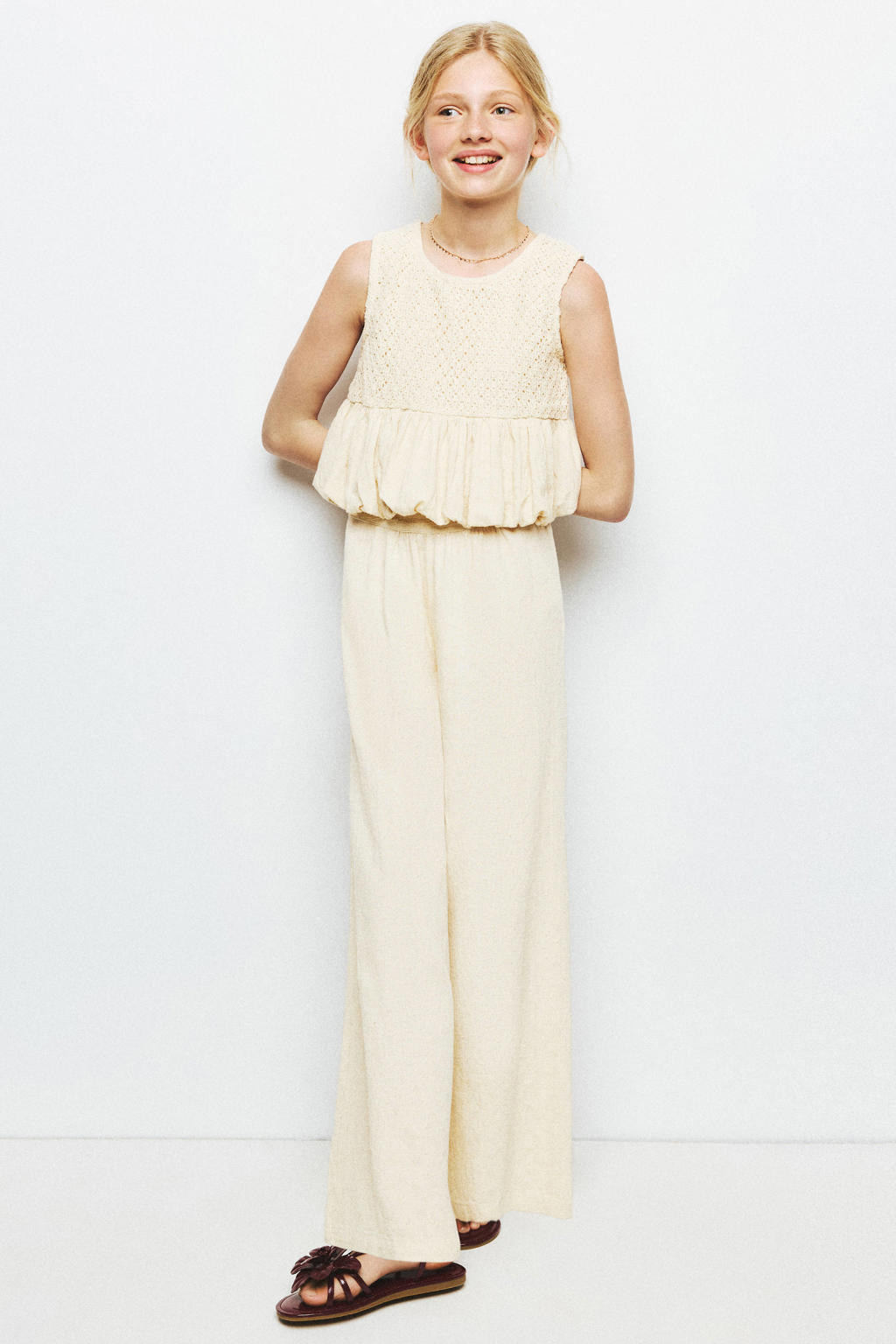 Beige meisjes Mango Kids cropped gehaakte top met effen, ronde hals en crochet