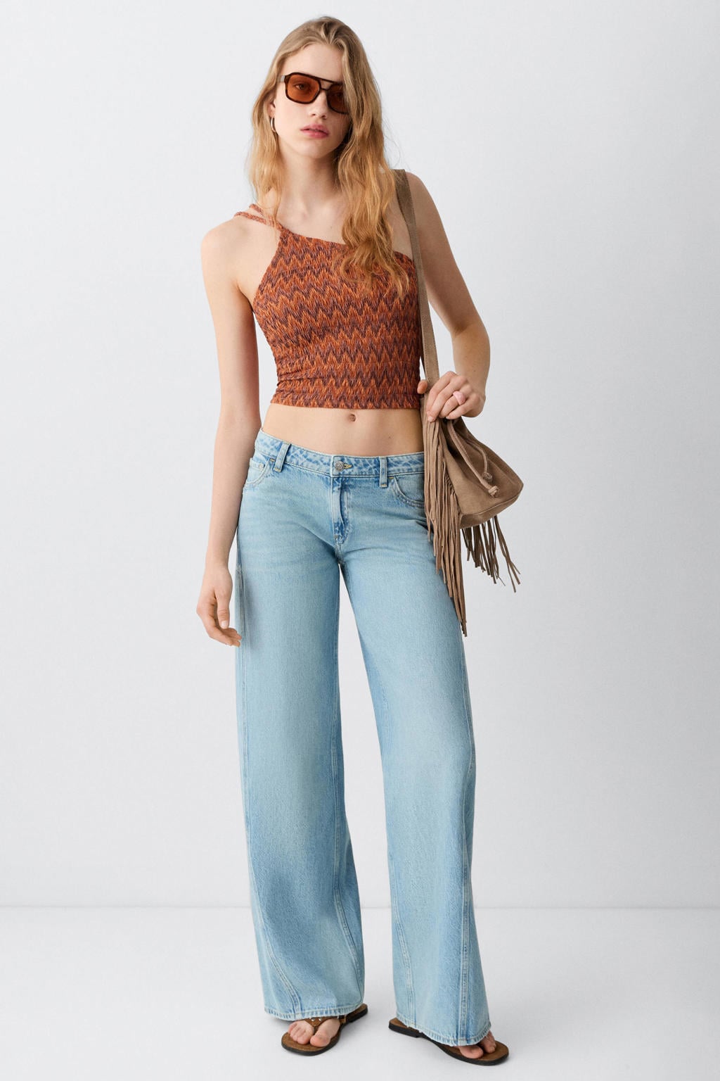Donker oranje en bruine meisjes MANGO TEEN cropped top en print donkeroranje met spaghettibandjes, V-hals en smockwerk