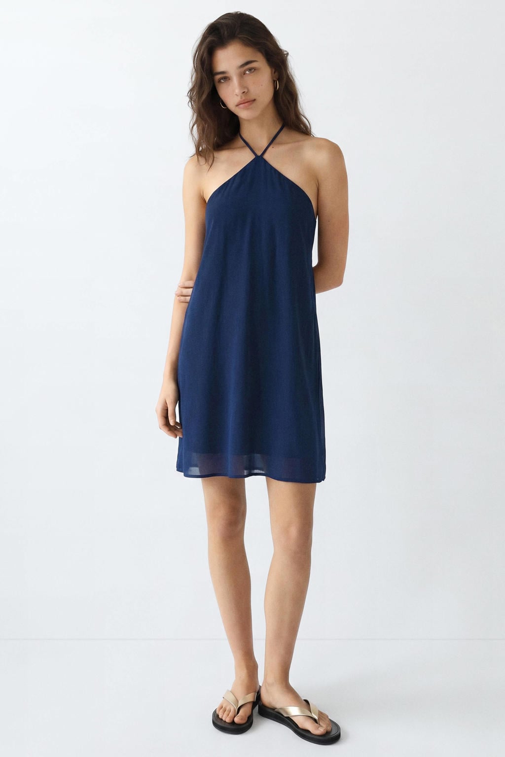 Donkerblauwe meisjes MANGO TEEN halterjurk van viscose met effen en striksluiting