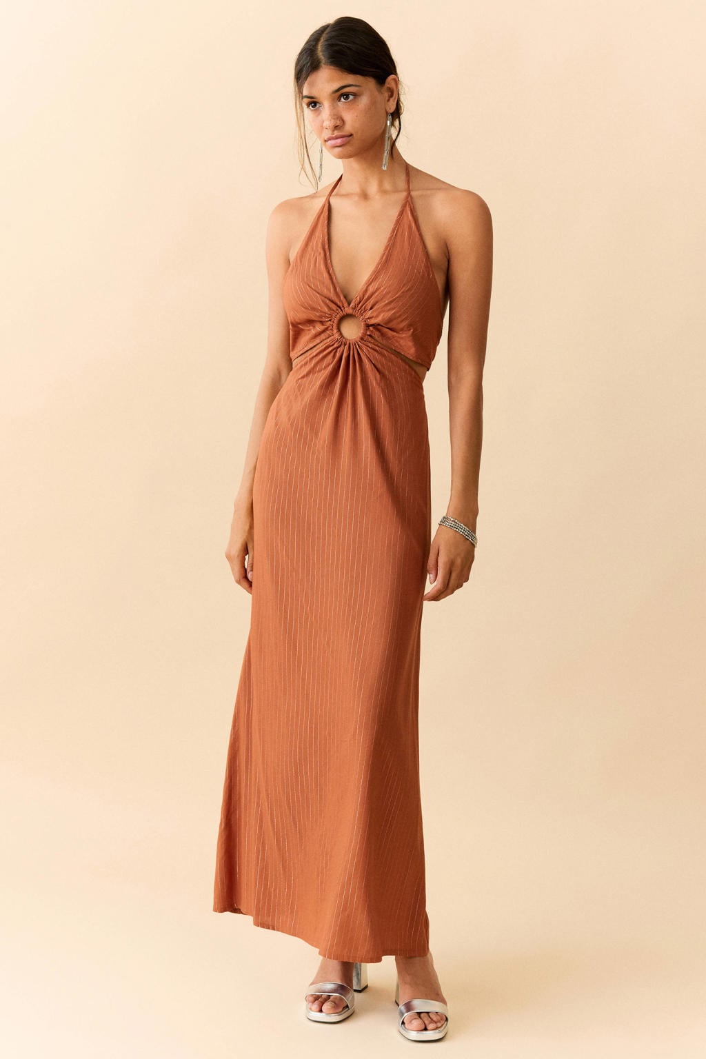 Oranje meisjes MANGO TEEN halter maxi jurk van viscose met effen, striksluiting en open detail