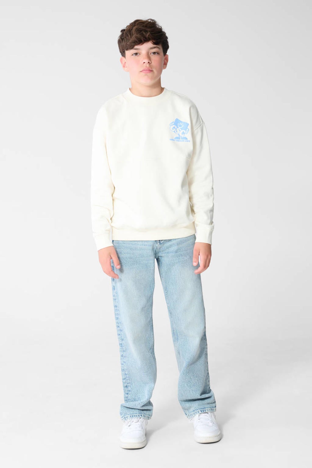 Ecru jongens Shoeby sweat sweater met backprint, lange mouwen, ronde hals en geribde boorden