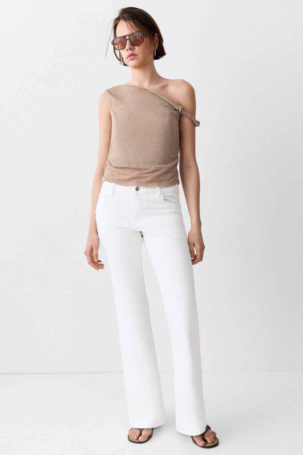 Witte meisjes MANGO TEEN flared jeans van denim met regular waist, rits- en knoopsluiting en effen