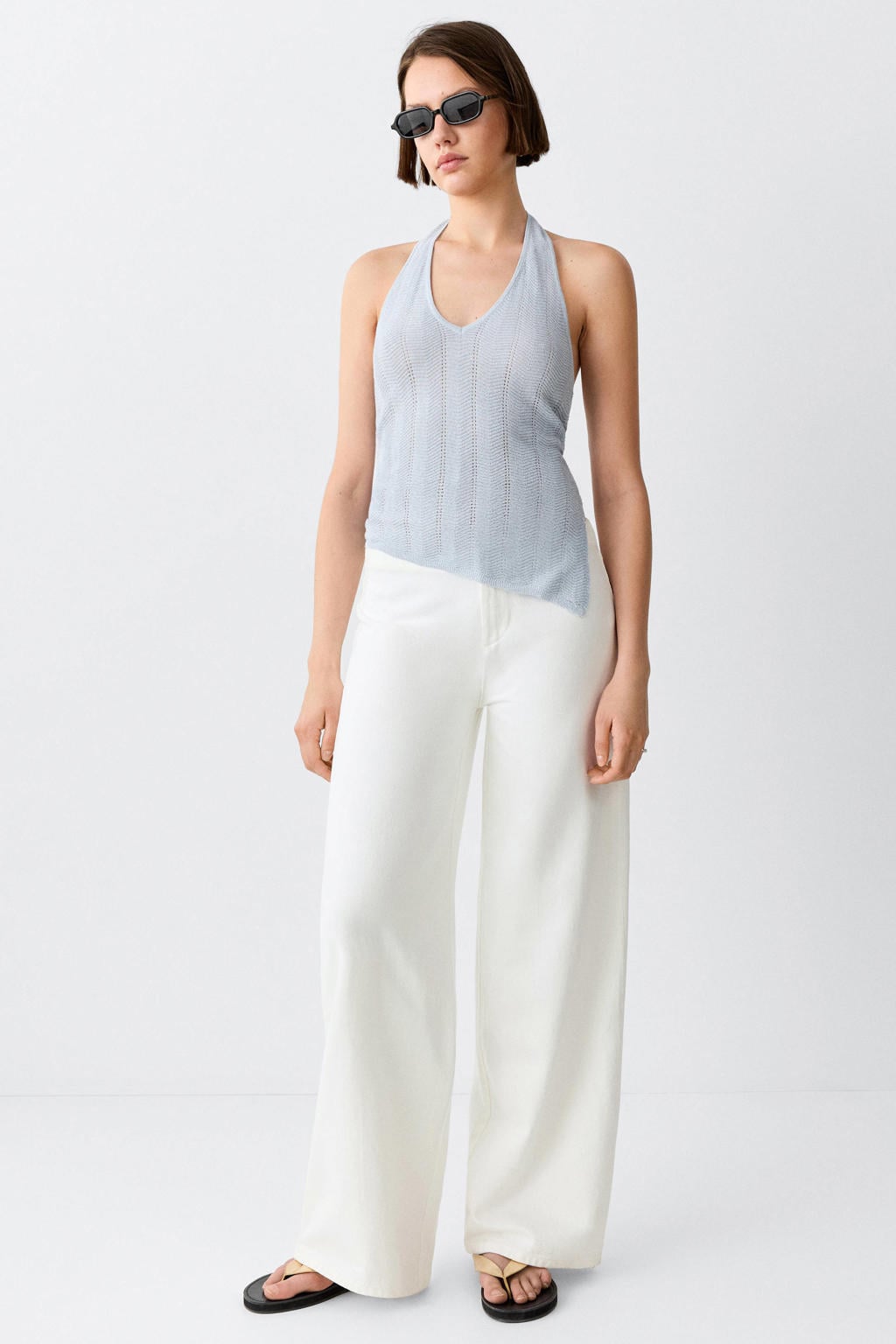 Witte meisjes MANGO TEEN wide leg jeans van denim met low waist, rits- en knoopsluiting en effen