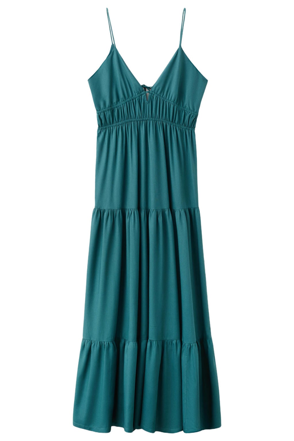 Blauwe meisjes MANGO TEEN maxi jurk van viscose met effen, V-hals, striksluiting en elastische boord
