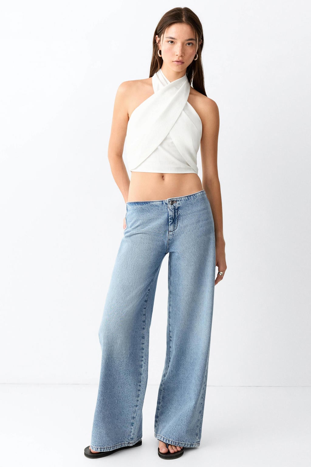 Light blue denim meisjes MANGO TEEN wide leg jeans van denim met extra low waist, rits- en knoopsluiting en effen