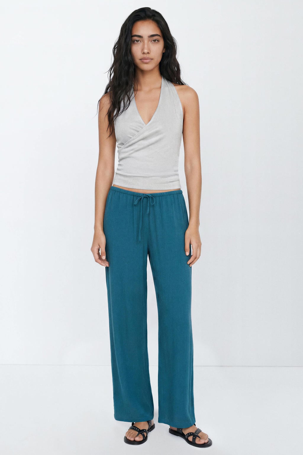 Zilverkleurige meisjes MANGO TEEN haltertop van viscose met effen