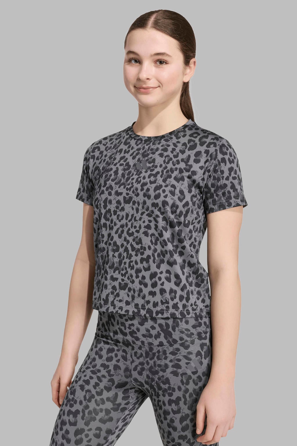 Grijs en zwarte meisjes adidas Sportswear T-shirt van polyester met dierenprint, korte mouwen en ronde hals