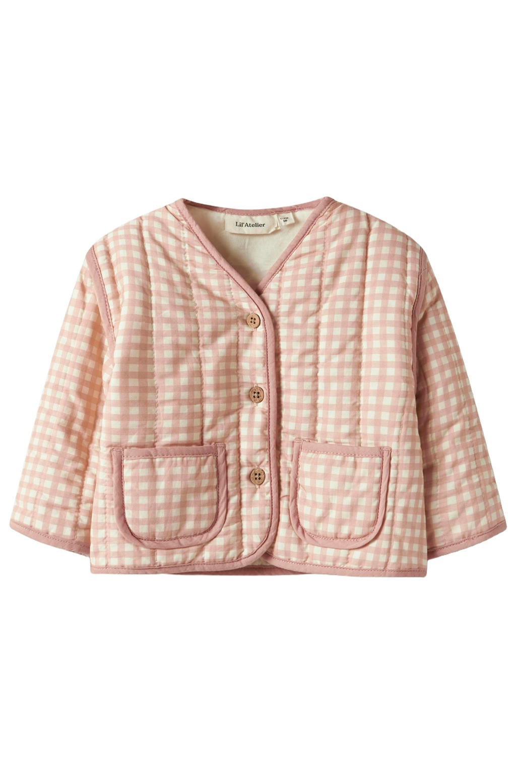 Roze meisjes LIL' ATELIER BABY geruite quilted tussenjas van katoen met lange mouwen, V-hals, knoopsluiting en doorgestikte details