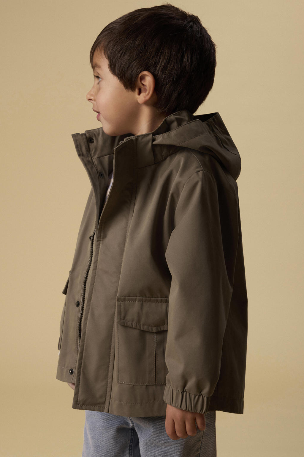 Kakikleurige jongens LIL' ATELIER MINI jas van polyester met lange mouwen, capuchon en rits- en drukknoopsluiting
