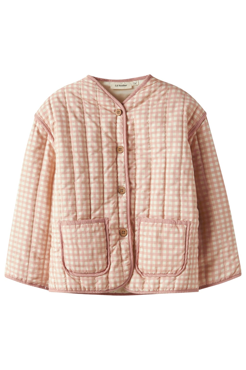 Beige meisjes LIL' ATELIER MINI katoenen geruite quilted tussenjas met lange mouwen, V-hals, knoopsluiting en doorgestikte details