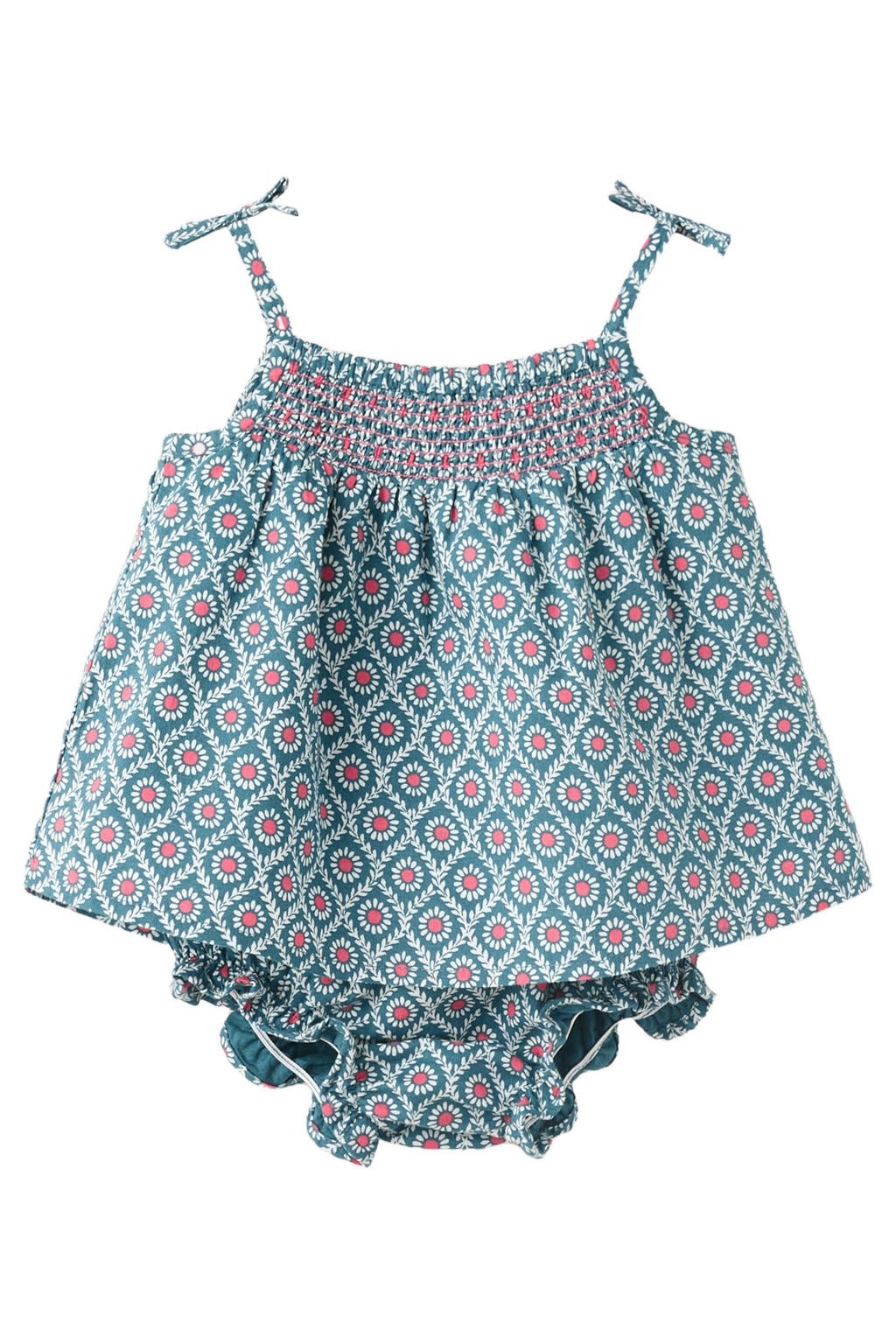 Blauwe meisjes Mango Kids korte jurk met print van katoen met vierkante hals en ruches