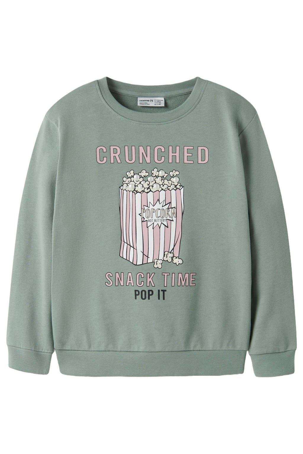 Groene meisjes NAME IT KIDS sweater met printopdruk, lange mouwen en ronde hals