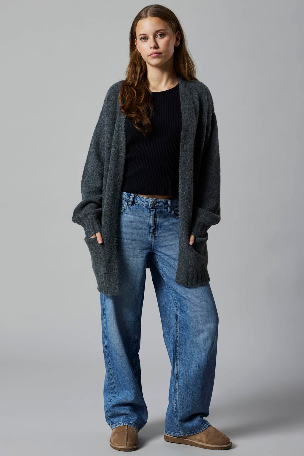 Medium blue denim meisjes LMTD wide leg jeans middelblauw van denim met rits- en knoopsluiting en effen