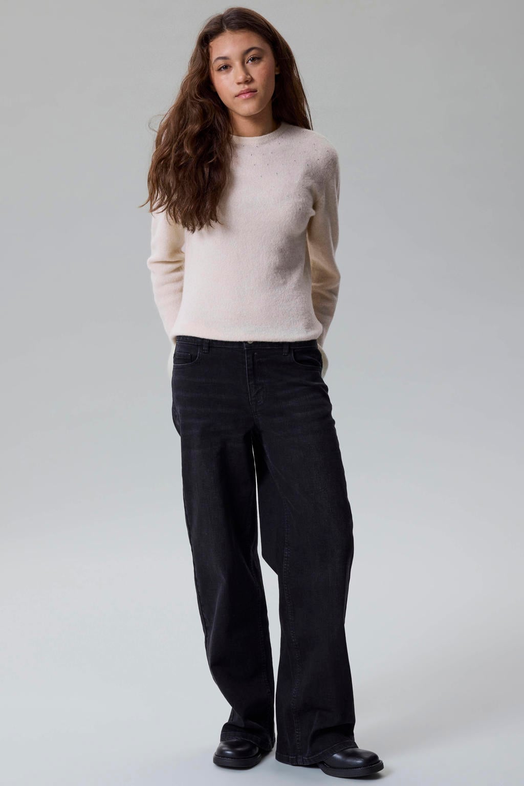 Black denim meisjes LMTD wide leg jeans van denim met rits- en knoopsluiting en effen