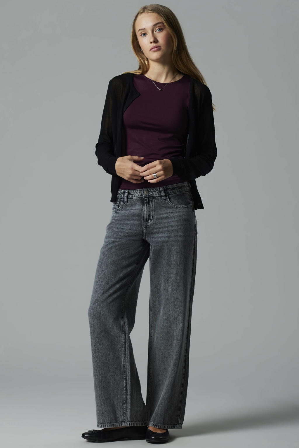 Grey denim meisjes LMTD wide leg jeans van denim met rits- en knoopsluiting en effen