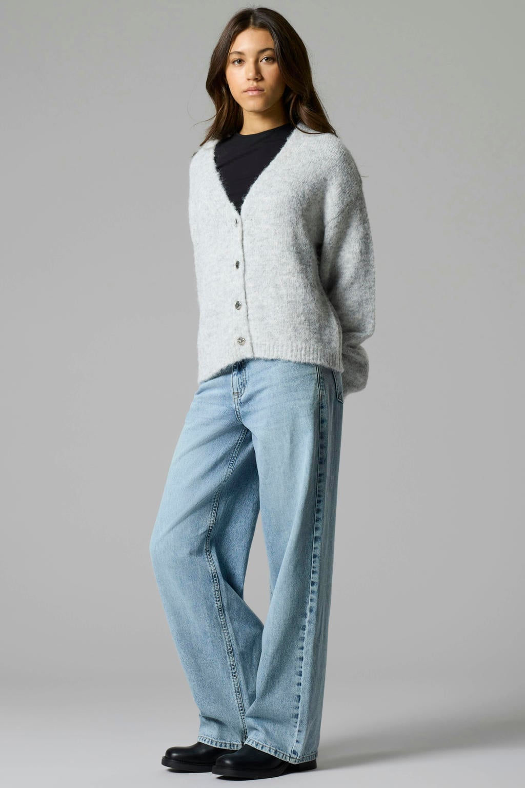 Light blue denim meisjes LMTD regular waist wide leg jeans van denim met rits- en knoopsluiting en effen