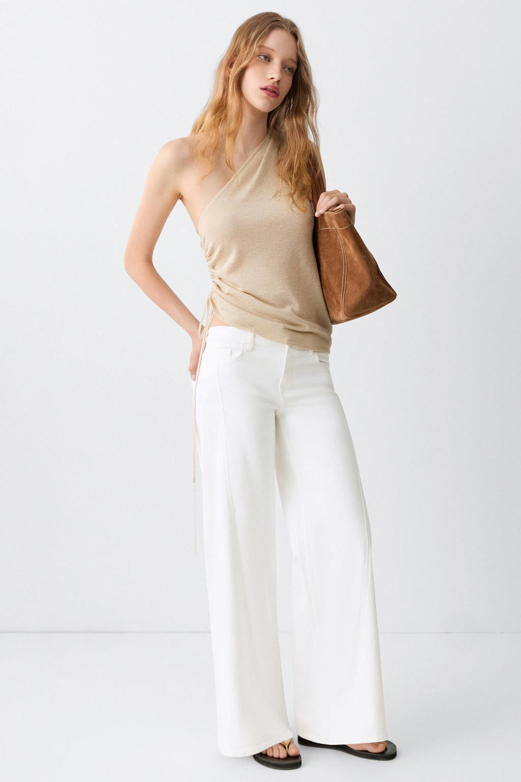 Witte meisjes MANGO TEEN low waist wide leg jeans van denim met rits- en knoopsluiting en effen