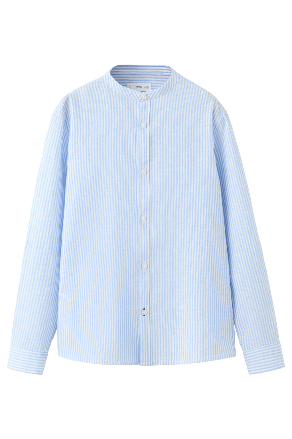 Lichtblauwe jongens Mango Kids linnen gestreept overhemd met lange mouwen, ronde hals en knoopsluiting