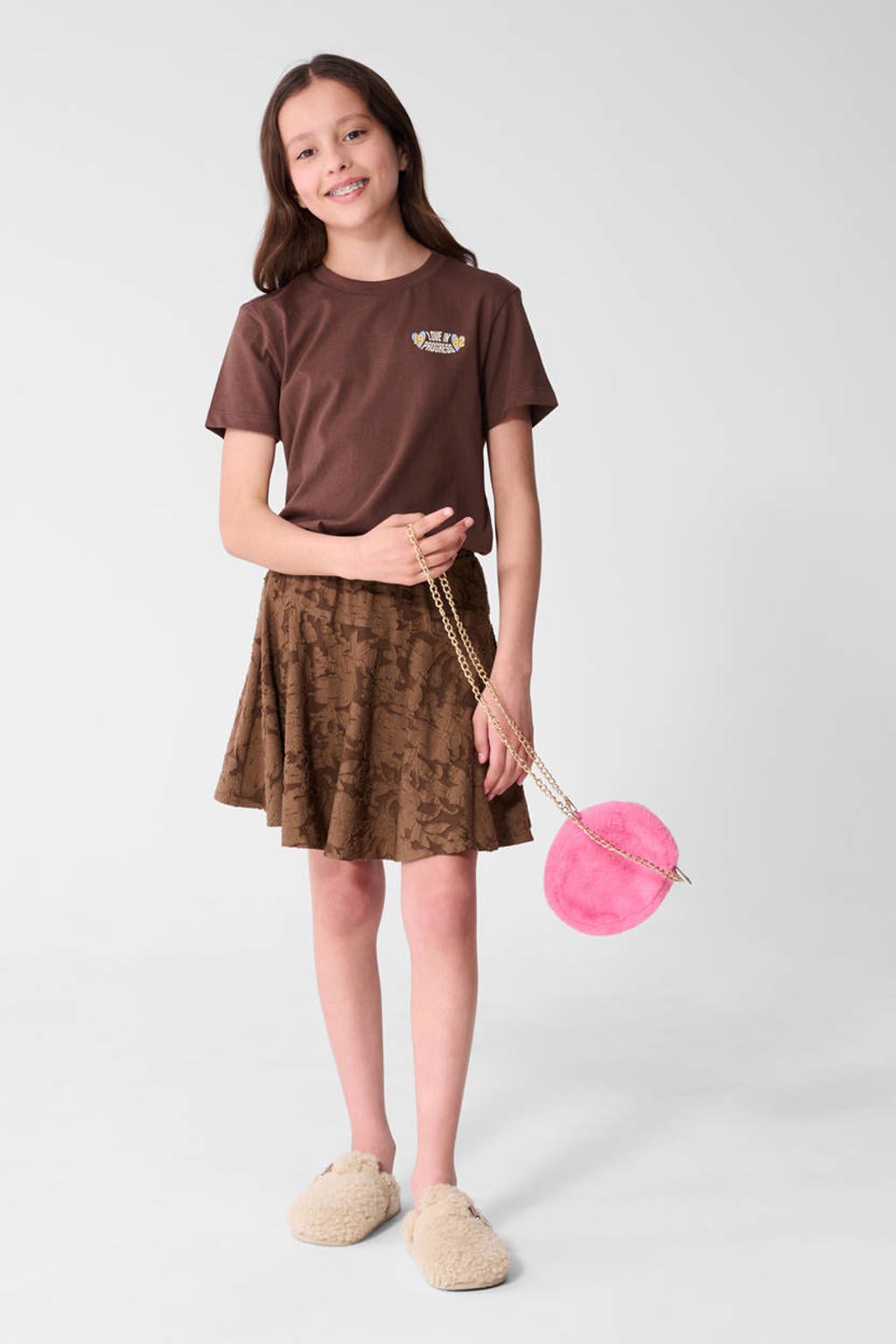 Bruine meisjes Shoeby T-shirt van katoen met effen, korte mouwen en ronde hals