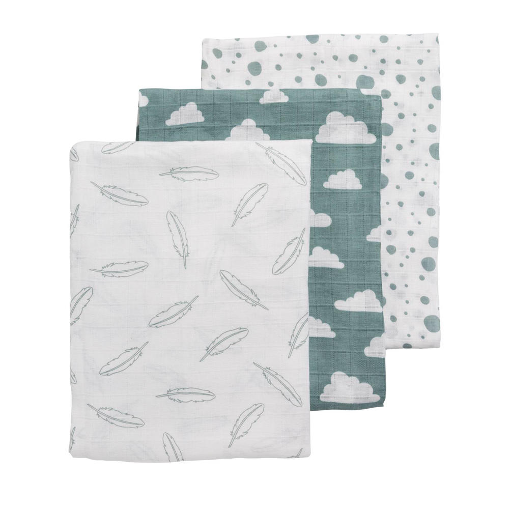 Meyco hydrofiele swaddles 120x120 cm (set van 3) jade/wit